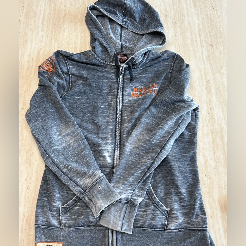 Women’s Harley Davidson Hoodie Jacket Sweatshirt Zip Up Distressed Size L